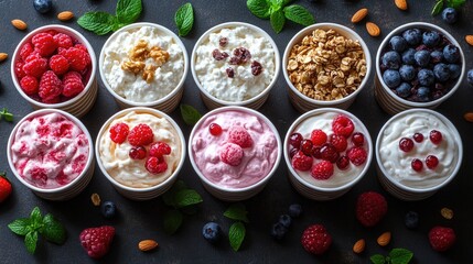 Yogurt cups arranged in a variety of flavors and toppings, surrounded by fresh fruits and nuts