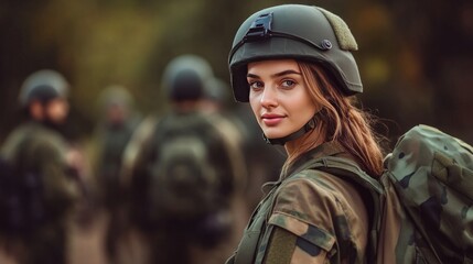 Young adult woman, army soldier, fictional location and affiliation, helmet and backpack and green military uniform, soldiers in background