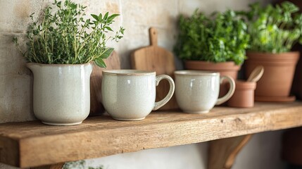A rustic farmhouse kitchen with an open wooden shelf, ceramic mugs, and fresh herbs. .