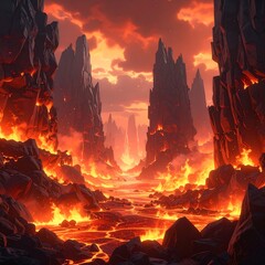 A fiery, apocalyptic landscape with jagged rock formations
