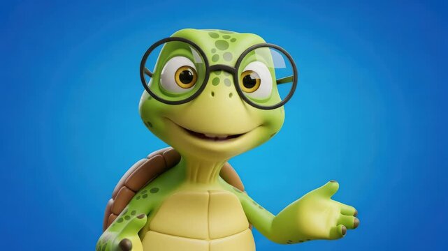 Cute cartoon turtle wearing glasses, pointing and smiling against a blue background