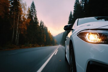 White sports sedan driving on forest highway