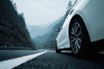 White sports sedan driving on forest highway