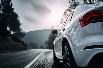 White sports sedan driving on forest highway