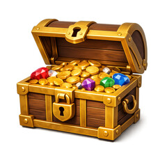 A wooden treasure chest overflowing with gold coins and sparkling colorful gemstones stands open to reveal hidden riches and ancient pirate wealth.