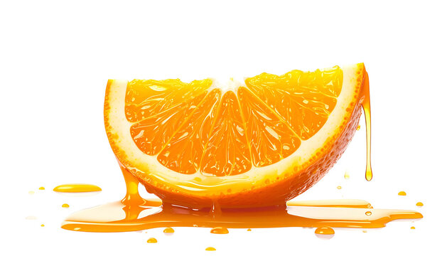 Vibrant orange slice with dripping juice against a black background