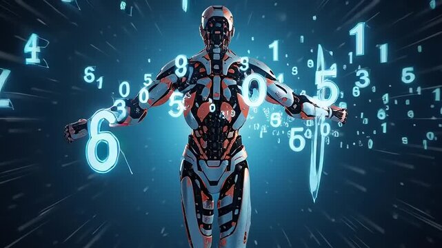 Futuristic Robot with Binary Code Data.