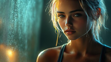 Young Female Athlete. Focused Sportswoman in Dark Light. Determined Girl Athlete. for fitness, health, motivation themes, athletic.