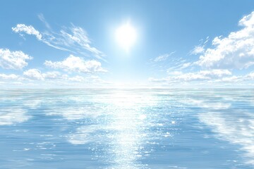 Obraz premium Bright Sunlight Over Azure Ocean Water and White Clouds Horizon View on Sunny Day Reflective Surface