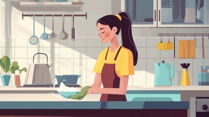 Young girl housekeeper cleaner wiping messy dirty cooking counter for housekeeping housework or chores.