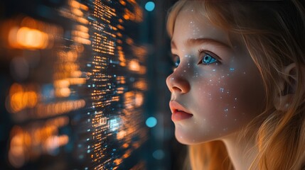 Young girl observing digital code, technology and learning