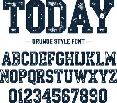 Grunge style font with alphabet and numbers in dark blue