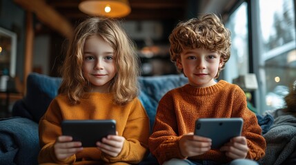 Young kids holding digital tablet mobile gaming