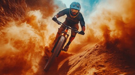 Young man riding a bike. Extreme bike sports in the desert.
