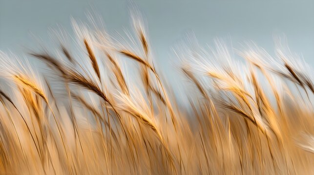 Golden wheat stalks swaying gently in the breeze against a soft blue sky with warm sunlight