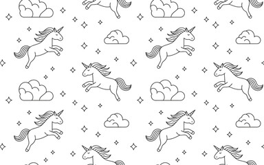 Obraz premium Black and white unicorns and clouds with stars background