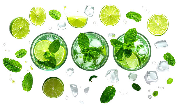 Overhead shot of three vibrant cocktails garnished with lime and mint, surrounded by ice