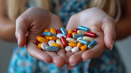 Young woman holding various pills and capsules in hands, pouring medication and vitamins for health and skin care treatment at home.