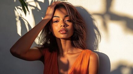 Young woman gracefully posing in natural light against a softly lit wall, showcasing a confident expression and stylish attire.