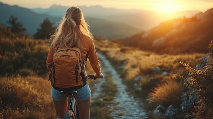 Young woman riding bicycle on beautiful mountain trail in morning