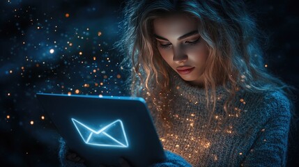 Young woman using laptop with illustration of emails symbol being sent out, illustrating the concept of e-mail marketing