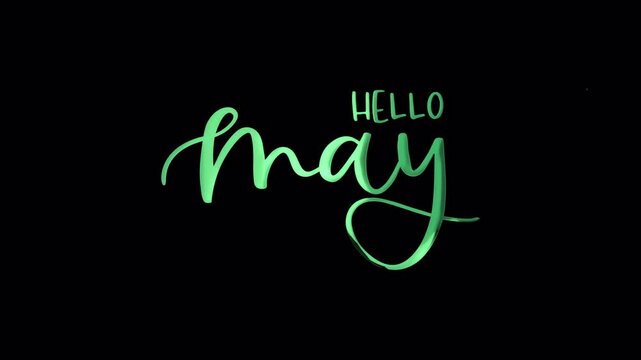 This text animation displays Hello May in green typography on a transparent background, perfect for seasonal greetings and monthly transitions.