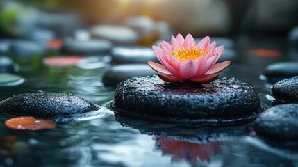 Zen stones with candle and lotus flower.