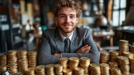 Сheerful young businessman in a gray suit sits at a desk piled with stacks of gold coins and financial charts