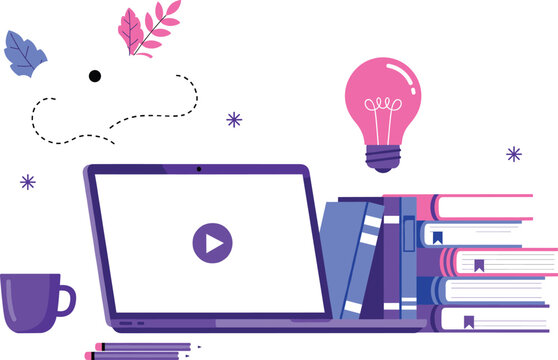 Online learning workspace illustration with laptop books light bulb and coffee creative study concept