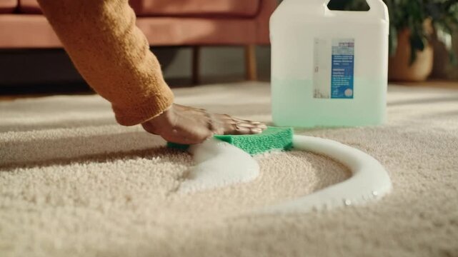 Gloved hand scrubs creamy cleaner into plush carpet leaving bright track of foam symbolising deep stain removal hygiene and dedicated home care for fresh comfortable living room lifestyle