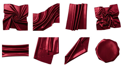 Burgundy silk fabric set including swirled, draped, folded, and smooth textile arrangements isolated. Luxury fashion and interior design material collection.