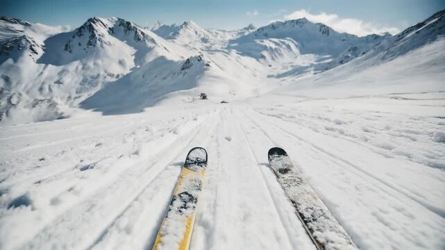 Point of view skier glides between snowy alpine peaks with bright sun overhead and smooth white slope ahead delivering exhilarating winter sports freedom travel adventure 