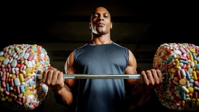 Athletic man lifts barbell loaded with giant colorful pills pieces in dark gym humorously visualising doping addiction strength challenge and contrast between fitness discipline