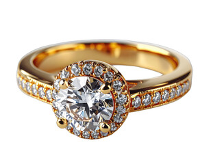 Close-up of a glamorous gold ring with a large, sparkling central diamond and surrounding stones