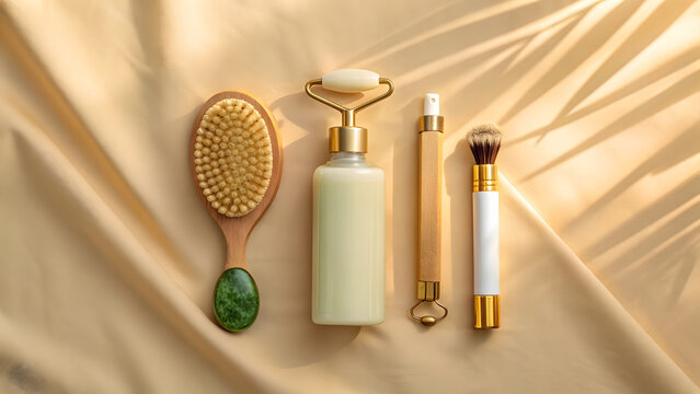 Flat lay of spa including jade roller and brush on beige fabric spa jade roller wooden brush green stone
