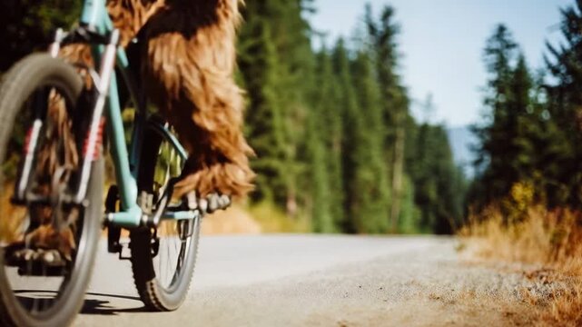 Person in furry bigfoot costume rides bicycle along forest road on sunny day blending humour mythical creature and outdoor lifestyle adventure