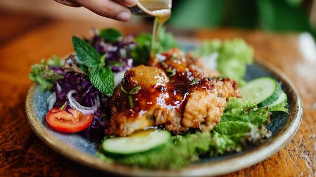 Chef pours glossy sauce over grilled chicken salad with fresh vegetables capturing mouthwatering food styling healthy eating and gourmet restaurant plating
