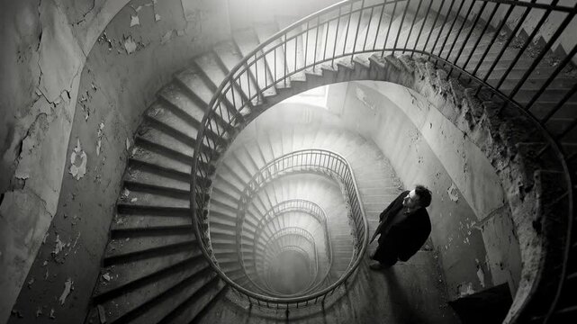 Person descends dramatic spiral staircase in old building filmed from above emphasising dizzying geometry mystery journey downward and architectural design
