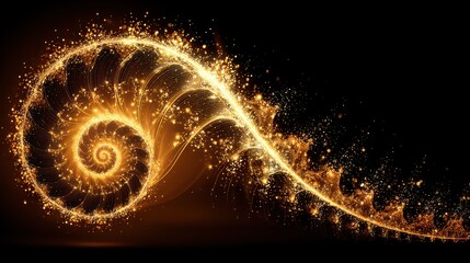 Golden Spiral Flowing Particle Stream on Black Background Featuring a Swirl Pattern and Shimmering Light Effects Suitable for Abstract Design and Decoration Optimized for Stock Photo Use
