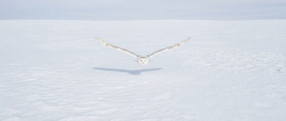 Snowy owl flying over white field in winter landscape  