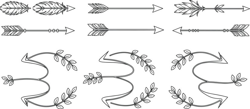 Hand drawn arrows and circular wreath frames with leaves boho decorative design elements