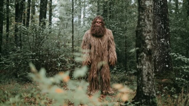 Bigfoot walks slowly through misty forest clearing among tall trees conjuring mysterious fairytale atmosphere wilderness exploration and legendary creature lore