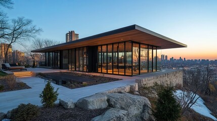 Obraz premium A contemporary house with a cantilevered roof and large glass windows, overlooking a city skyline. .