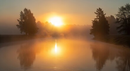 Serene Sunrise Over Misty Lake with Tree Reflections