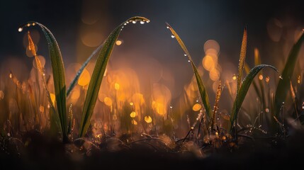 Lush Green Grass Blades Adorned with Dew Droplets Sparkling Under Warm Golden Light in Nature Macro Photography