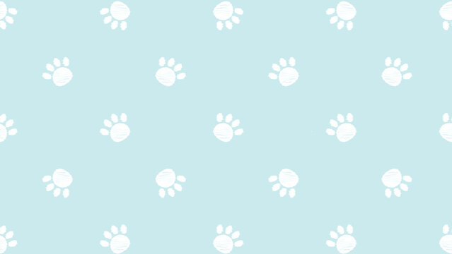 White scribble paw prints on light cyan background seamless pattern. Minimalist hand-drawn animal footprint vector for pet shop branding, baby nursery decor, and fabric design