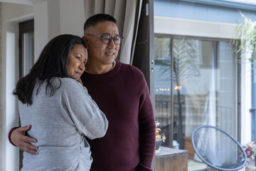 Diverse senior couple embracing at home beside glass door with potted plant, copy space