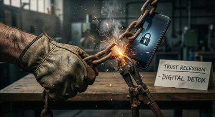 Trust recession digital detox mental recovery concept with worker hand cutting rusty chain near smartphone lock symbol spark flying in workshop