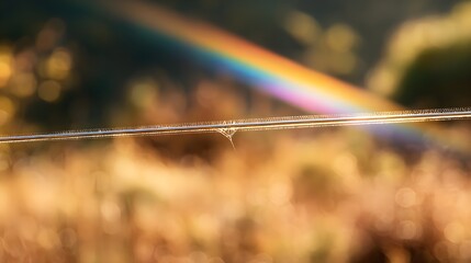 Fototapeta premium Delicate strand of spider silk glistens with dew under a vibrant rainbow in a sunny natural setting with blurred background