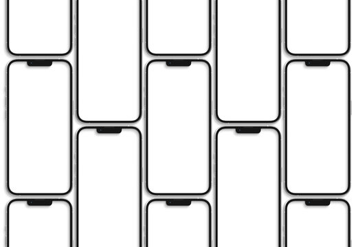 Multiple modern smartphones isolated on transparent background. Mobile phones silver color. 3d rendering